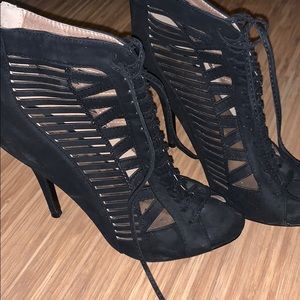 Cute open toe black bootie heels